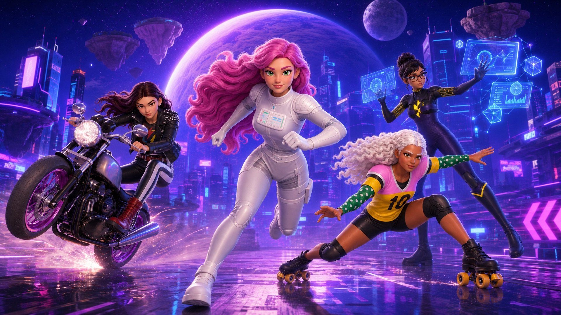 Boss Beauties key art: four leads in a neon digital world