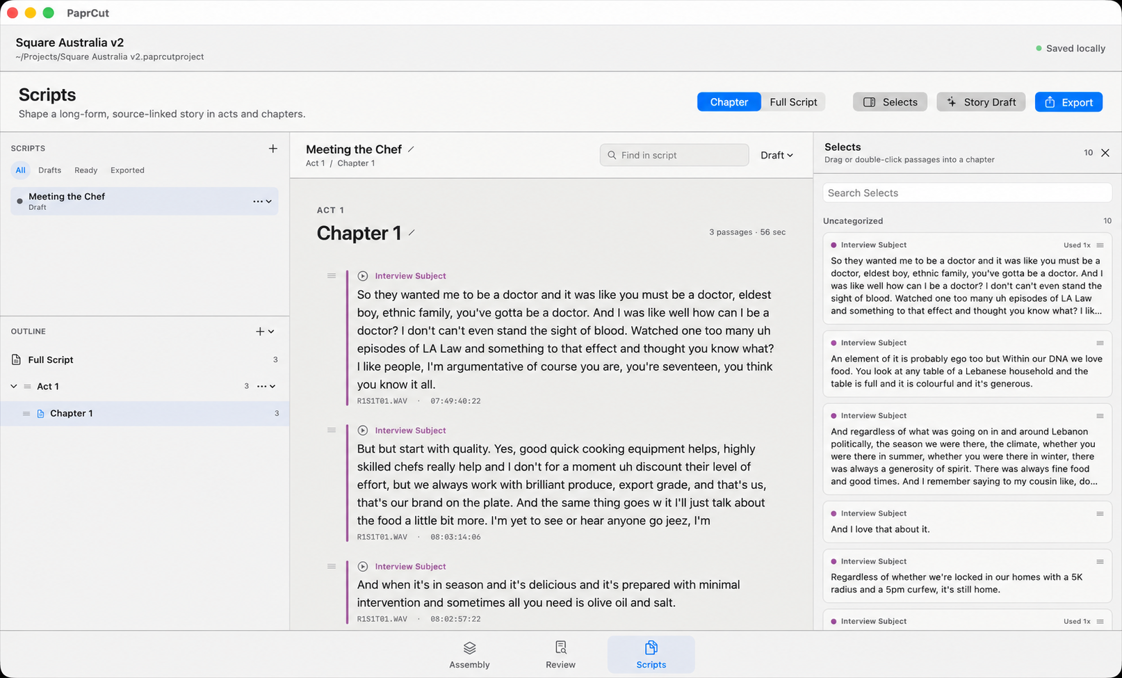 PaprCut Scripts workspace showing source-linked dialogue arranged into a documentary chapter