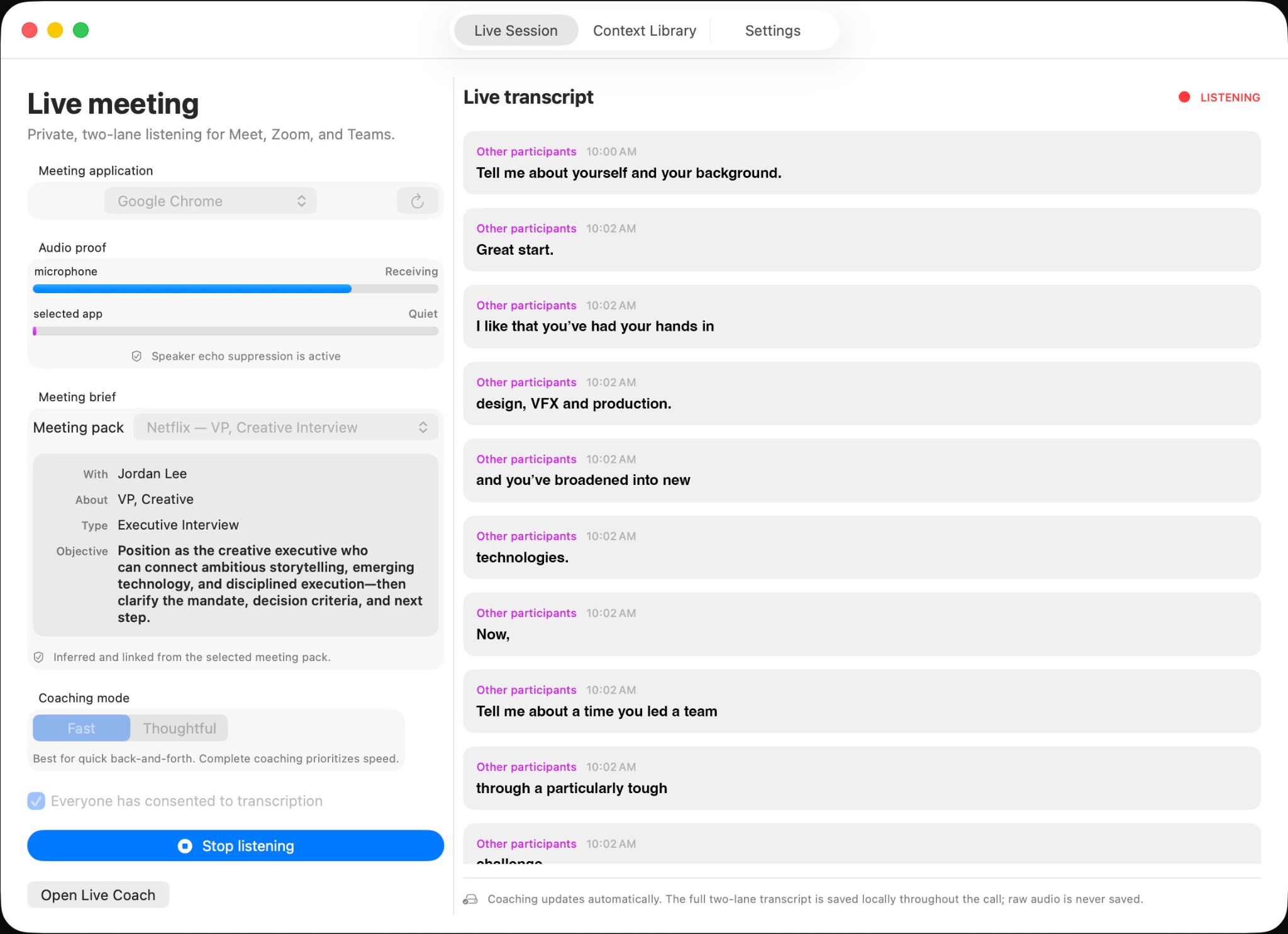 Meeting Copilot live meeting window on macOS
