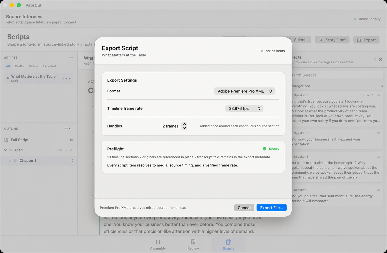 PaprCut export dialog preparing a source-linked Premiere Pro XML timeline