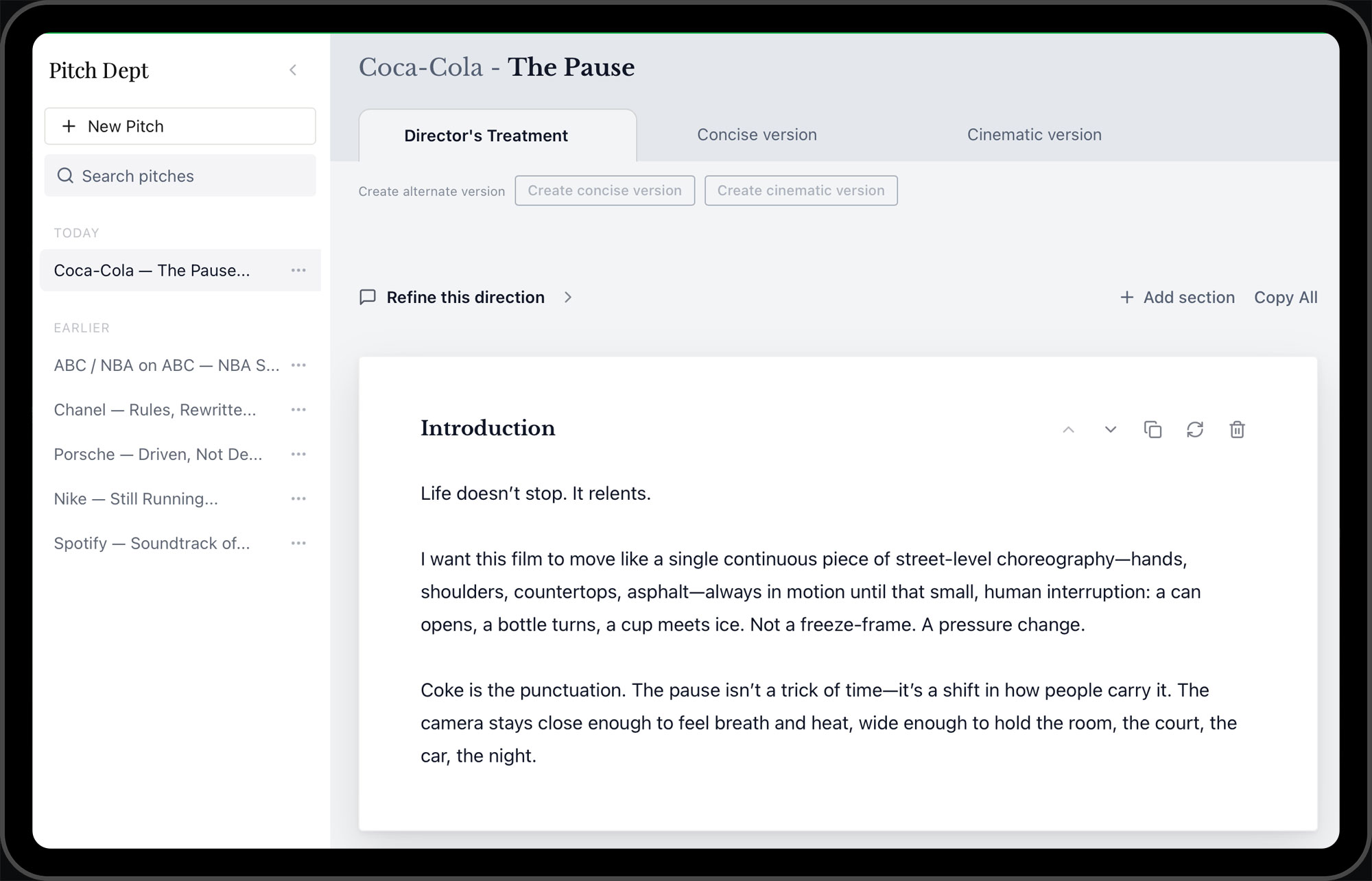 Pitch Dept treatment workspace shown on an iPad