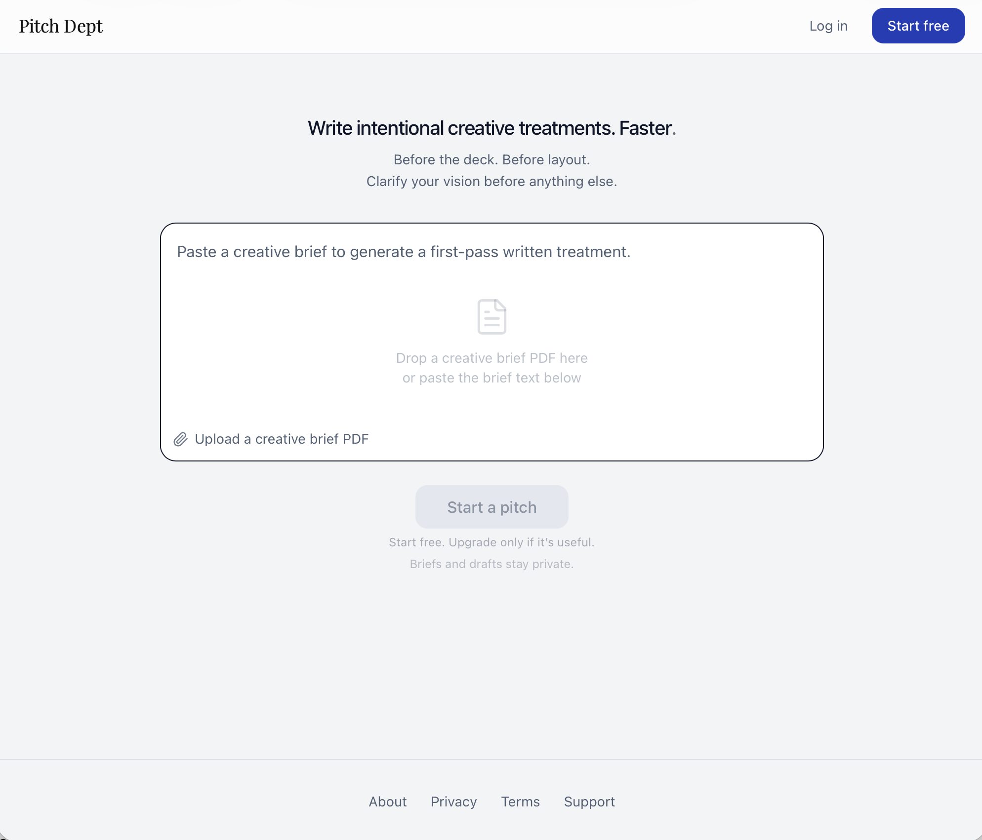 Pitch Dept website open in a Safari browser window on a macOS desktop