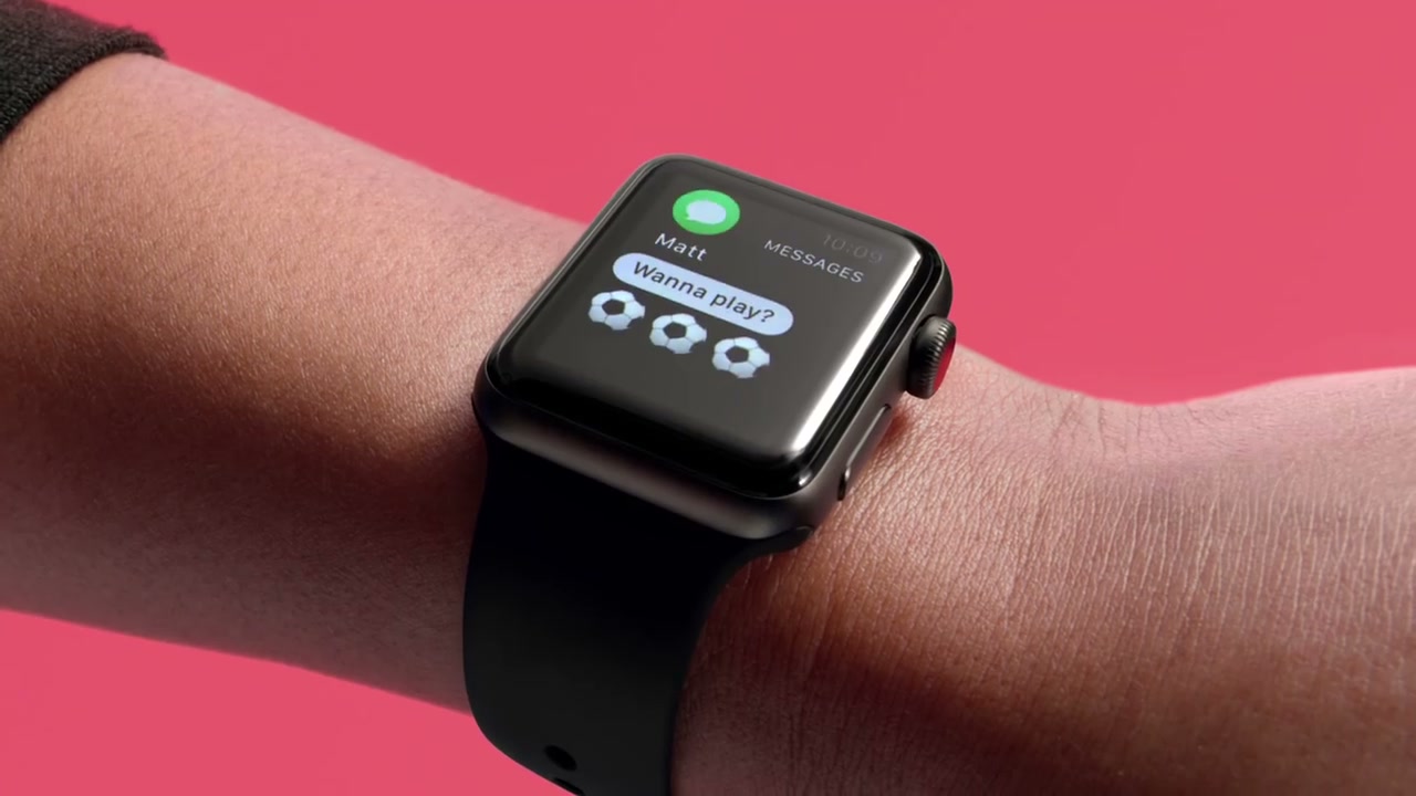 Pink Apple Watch Series 3 campaign image featuring a soccer player