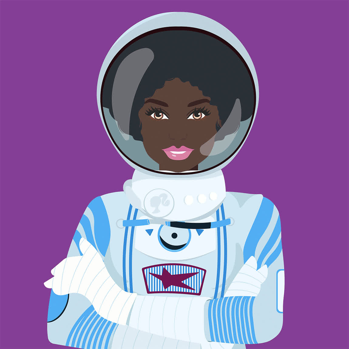 Career-themed Boss Beauties × Barbie artwork: an astronaut character