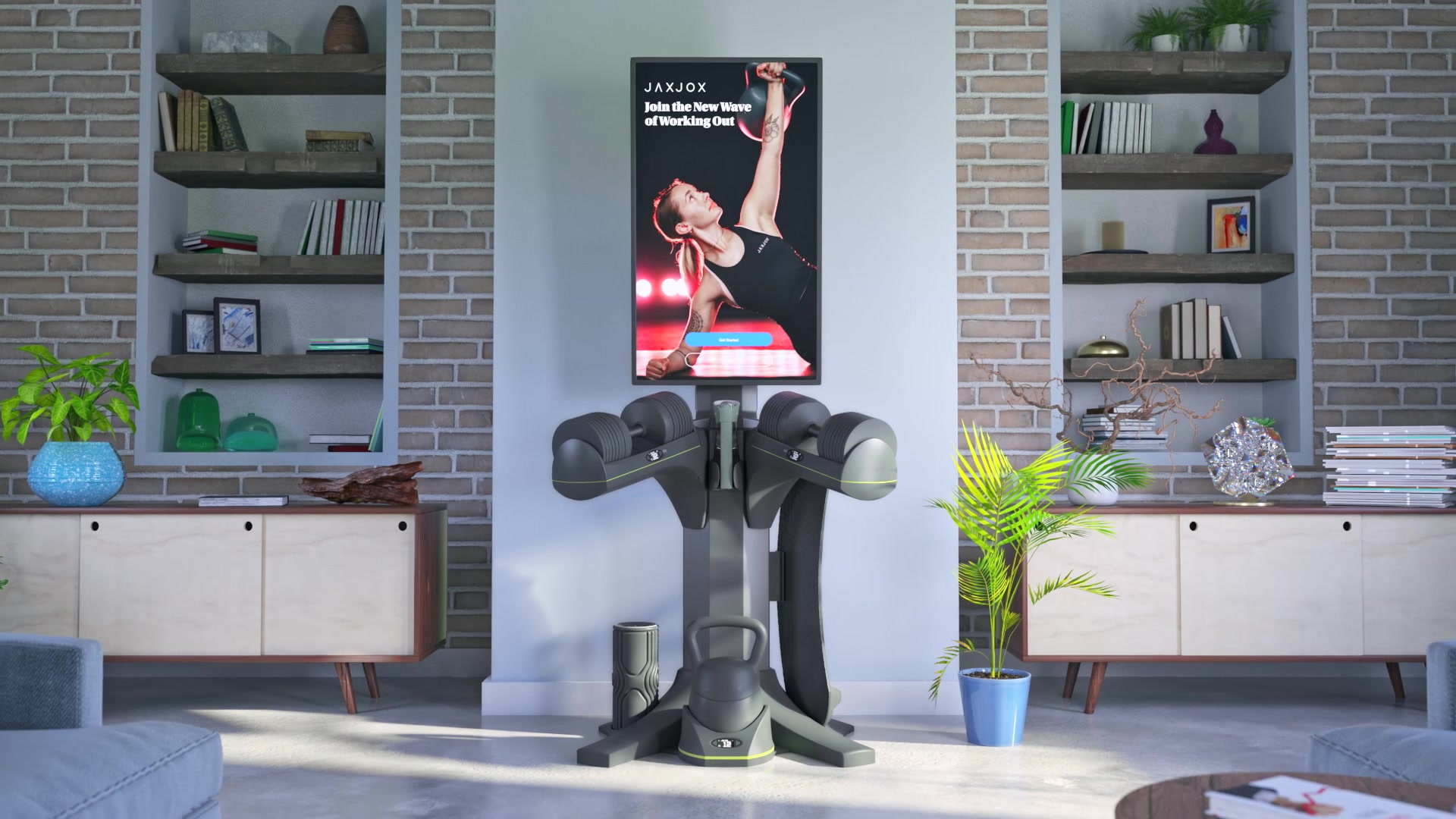The JAXJOX Interactive Studio and its connected fitness equipment in a designed home environment.