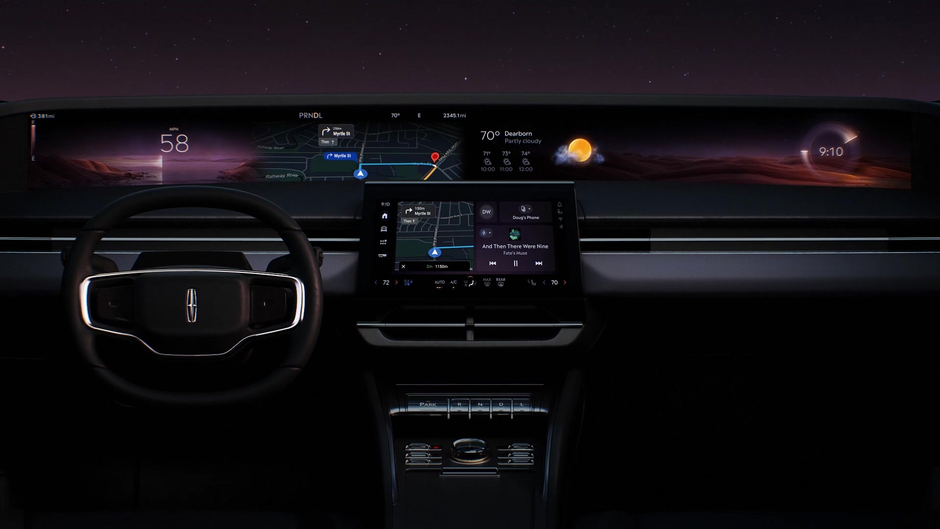 Wide view of the Lincoln interior with panoramic dashboard and center display