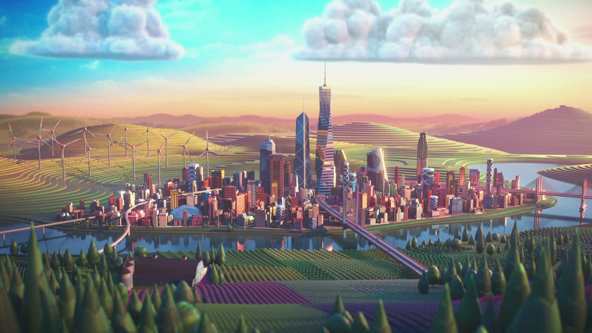 A designed city, fields and wind turbines in the animated Nuveen world.